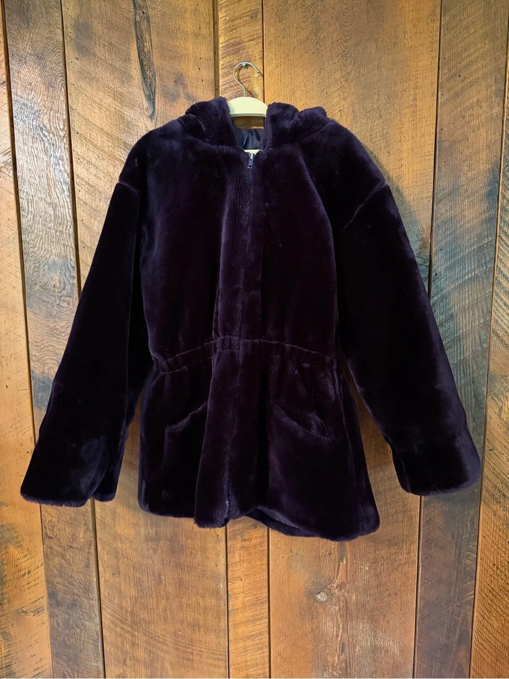 Vintage 90s Christie Brooks Purple Faux Fur Hooded Coat Jacket Girls L 14